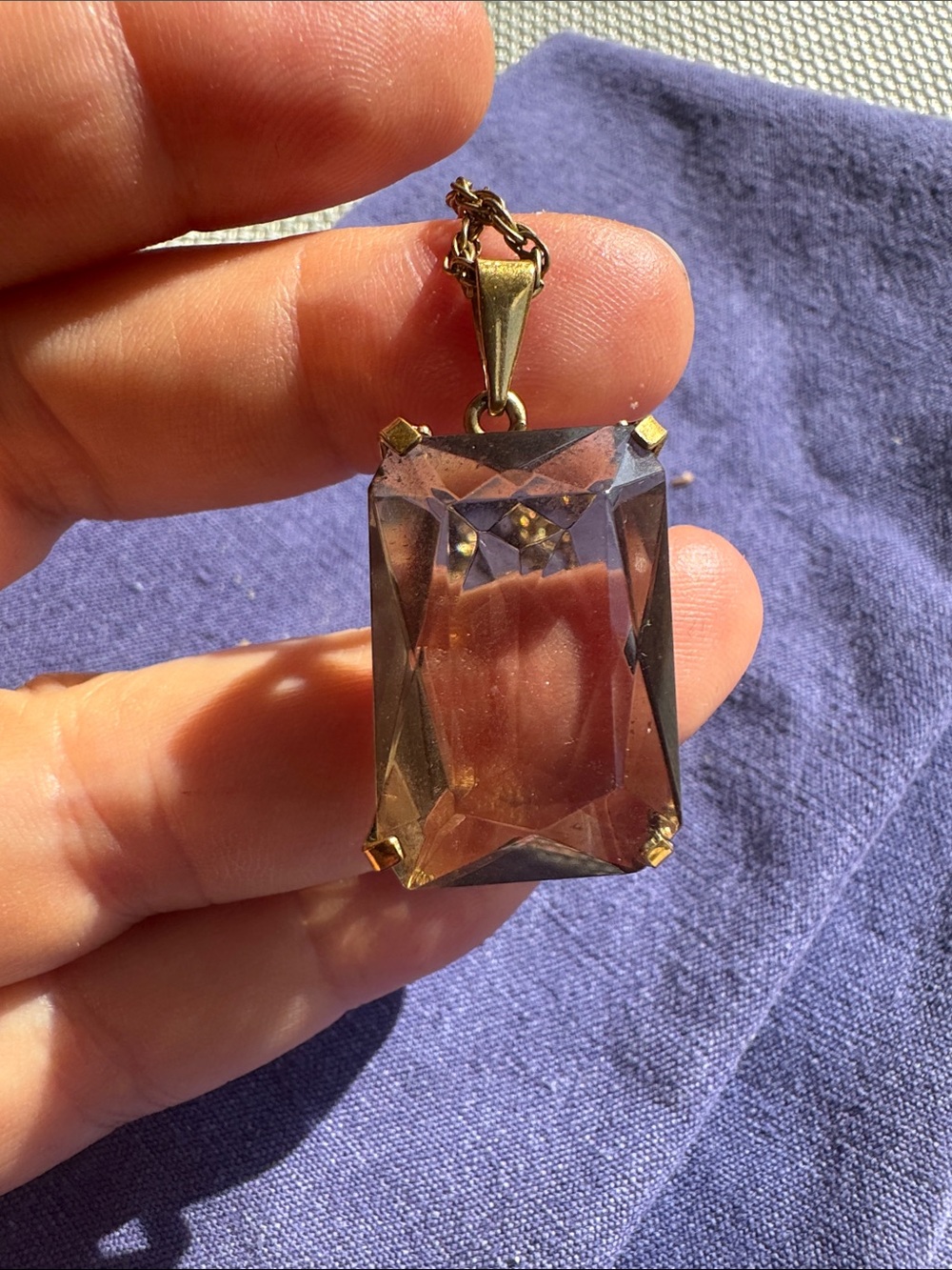 Gold Chain Necklace with Smoky Rectangular Topaz Crystal Pendant